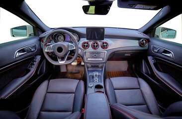 Modern luxury car interior elements wallpaper. Black leather car interior with transparent outside...