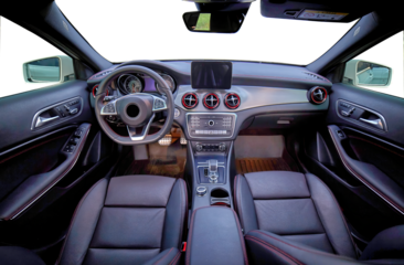 Modern luxury car interior elements wallpaper. Black leather car interior with transparent outside background, png illustration