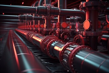 Industrial pipelines with valves and barrels. Oil and gas sector. 3D illustration. Generative AI