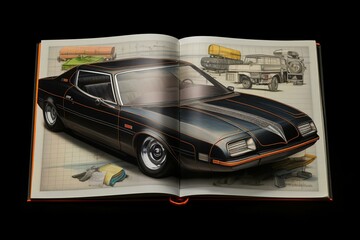 Annotated notebook featuring digitally rendered car. Generative AI
