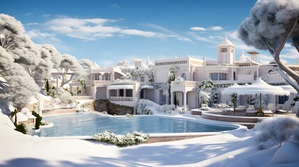 luxury mediterrian villa with palms and swimming pool covered snow
