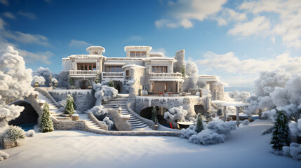 luxury mediterrian villa with palms and swimming pool covered snow