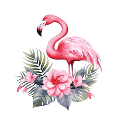 Pink flamingo with tropical leaves decor for greeting card watercolor paint on white background