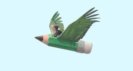 Education imagination learning dream hope inspiration and freedom concept, a boy riding pencil bird. surreal painting. Fantasy art, conceptual artwork, happiness of child , 3d illustration © Jorm Sangsorn