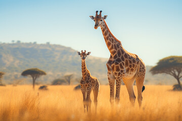 Naklejki  Giraf mom with baby wildlife animal in africa with savanna background