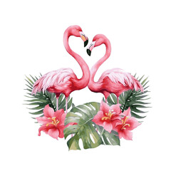 Pink flamingoes with tropical leaves decor for greeting card watercolor paint on white background