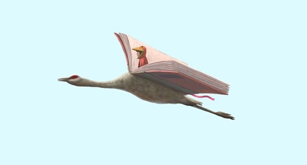 Education imagination learning dream hope inspiration and freedom concept, a boy riding book bird. surreal painting. Fantasy art, conceptual artwork, happiness of child , 3d illustration © Jorm Sangsorn