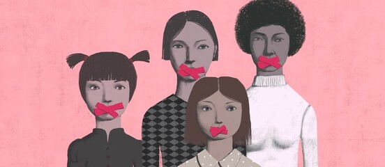 Freedom of speech, freedom of expression democracy feminism and censored, surreal painting, portrait illustration, political art, women's rights, conceptual artwork