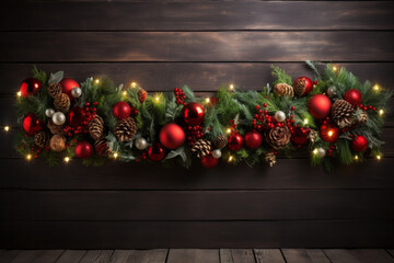 Fototapeta na wymiar Festive Christmas garland with red ornaments pinecones and berries on wooden wall banner background. Happy holidays concept