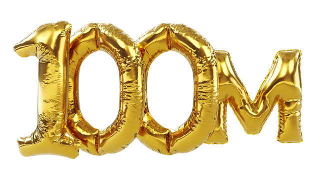 3D render of one hundred million or 100m isolated on white background, 100M followers thank you, balloons number