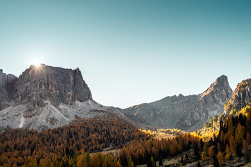 Dolomites, Italy - Panorama of the Ampezzo Dolomites in autumn
- 671510265