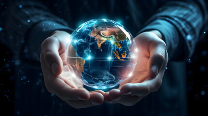 View of a International globe communication displayed on a futuristic interface - Business and technology connection - obrazy, fototapety, plakaty