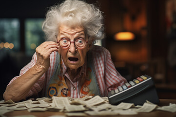 shocked old woman making household budget, calculating taxes and working with invoices - obrazy, fototapety, plakaty