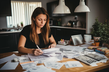 woman making household budget, calculating taxes and working with invoices - obrazy, fototapety, plakaty