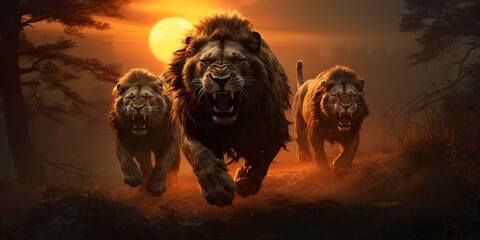 three lions running in a beautiful sunset  - obrazy, fototapety, plakaty
