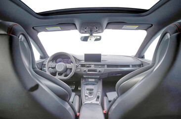 Modern luxury car interior elements wallpaper. Black leather car interior with transparent outside...