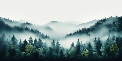 Schilderijen op glas Misty mountain landscape with fir forest in vintage retro style. Generative AI © AngrySun
