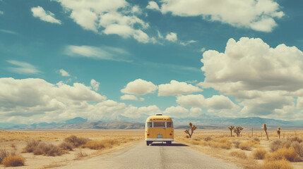 Travel road trip with family and friends in mini van. Fun exploration vacation in the United States of America desert.