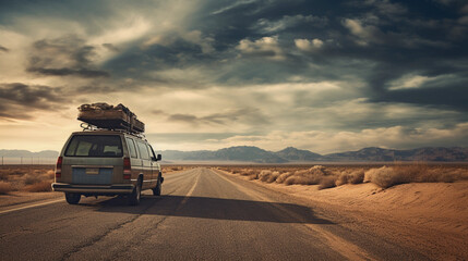 Travel road trip with family and friends in mini van. Fun exploration vacation in the United States of America desert.