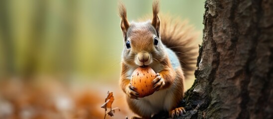 Wild forest rodent holds cute walnut in paws