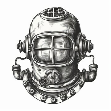 old underwater diving helmet hand drawn  illustration sketch, Generative AI