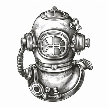 old underwater diving helmet hand drawn  illustration sketch, Generative AI
