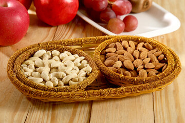 Cashew & Almond or kaju and badam in basket, Indian Dry Fruit 