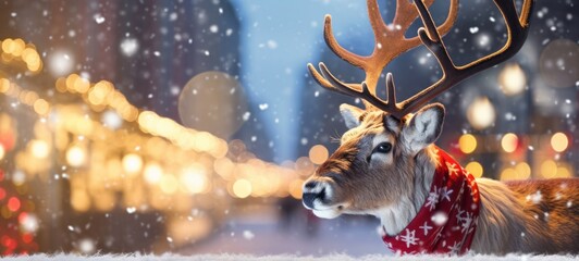 Merry Christmas holiday vacation winter background greeting card - Closeup of cool Santa Claus reindeer on christmas market, with bokeh lights and snowflakes