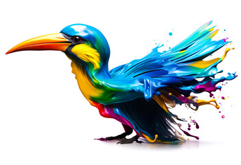 Fantasy digital art of hornbill flying with multicolored liquid splash in surface.funny animal in surreal surrealism ideas.creativity and inspiration background.