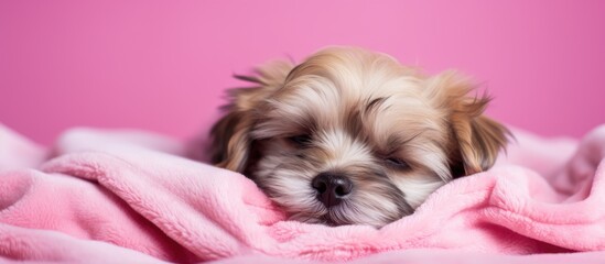 Shih Tzu puppy napping on pink quilt