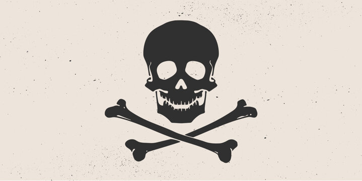 Death Skull Crossbones. Retro hand drawn white skull with cross bones on white pirate flag. Vintage poster with black skull skeleton on white background for celebration Halloween. Vector Illustration