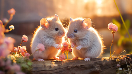 Two cute Syrian hamsters in the grass on a sunny summer day. Two cute little hamsters playing in the garden on a spring day. Shallow depth of field. - obrazy, fototapety, plakaty