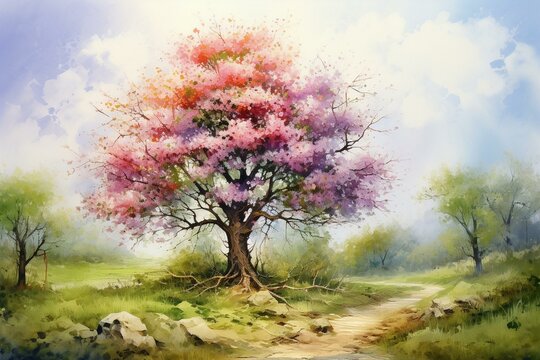 Colorful watercolor painting of the tree of life in spring, creating a sublime image. Generative AI