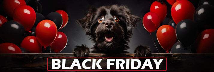 Banner Pet Dog, red balloons, Concept black friday sale