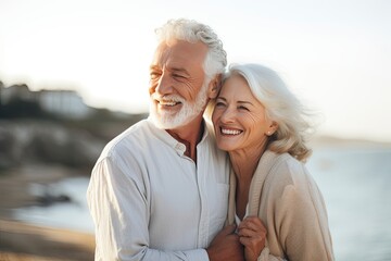 Obraz premium Romantic elderly couple enjoying spending some quality time together after retirement. Senior tenderness. Affectionate senior woman smiling happily while embracing her husband by the ocean.