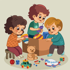 Vector illustration of a group of children playing with their toys.