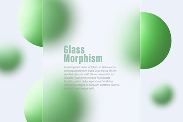 Website landing page template in glass morphism style. Horizontal presentation screen with the effect of a glass banner overlaying green spheres.