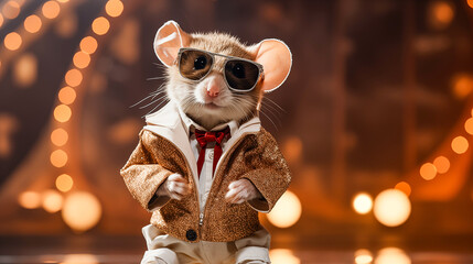Cute little mouse in a pink jacket and sunglasses against stage lights and spotlights. 