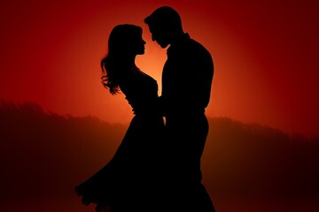 Fototapeta na wymiar The silhouette of a romantic young couple in love, embracing against the sunset. Valentine's Day Greeting Card