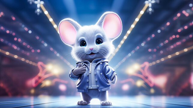 Cute little mouse in warm clothes against stage lights and spotlights. Cute white mouse with blue jacket standing in front of stage lights. 3D rendering.