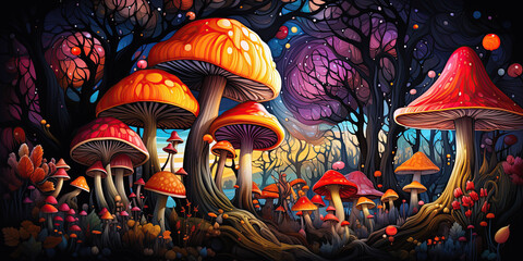 colorful poisonous hallucinogenic mushrooms fly agarics amanita toadstool in fabulous fairy tale forest at night