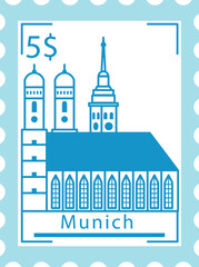 Flat bluish detailed postcard stamp with FRAUENKIRCHE CATHEDRAL famous landmark and symbol of the German city of MUNICH, GERMANY