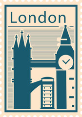 Flat bluish and pinkish detailed postcard stamp with TOWER BRIDGE and BIG BEN famous landmarks and symbols of the British city of LONDON, UNITED KINGDOM