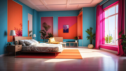A bedroom with colorful walls and sunlight come from window Ai Generated
