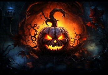 halloween pumpkin on the background dark, lantern, scary, black, october, horror, celebration, night, light, spooky, evil, face, jack-o