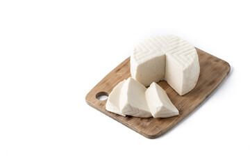 Sliced fresh white cheese from cow's milk isolated on white background. Copy space
