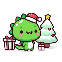 Naklejka premium White background, cute character, green dragon, Christmas