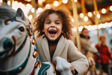 Christmas Market Carousel - Children joyfully riding a vintage carousel adorned with festive lights - AI Generated