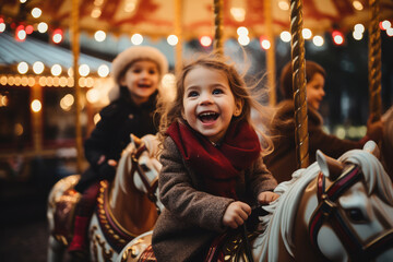 Christmas Market Carousel - Children joyfully riding a vintage carousel adorned with festive lights - AI Generated - obrazy, fototapety, plakaty