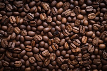 Obraz premium Coffee Beans Flat-lay - Overhead shot of roasted coffee beans spread out - AI Generated